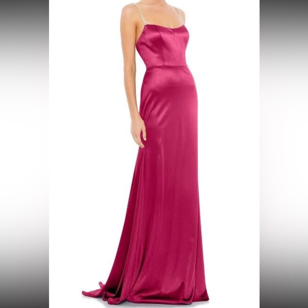 IEENA For Mac Duggal Hot Pink Satin Double Rhinestone Straps Maxi Dress NWT 14